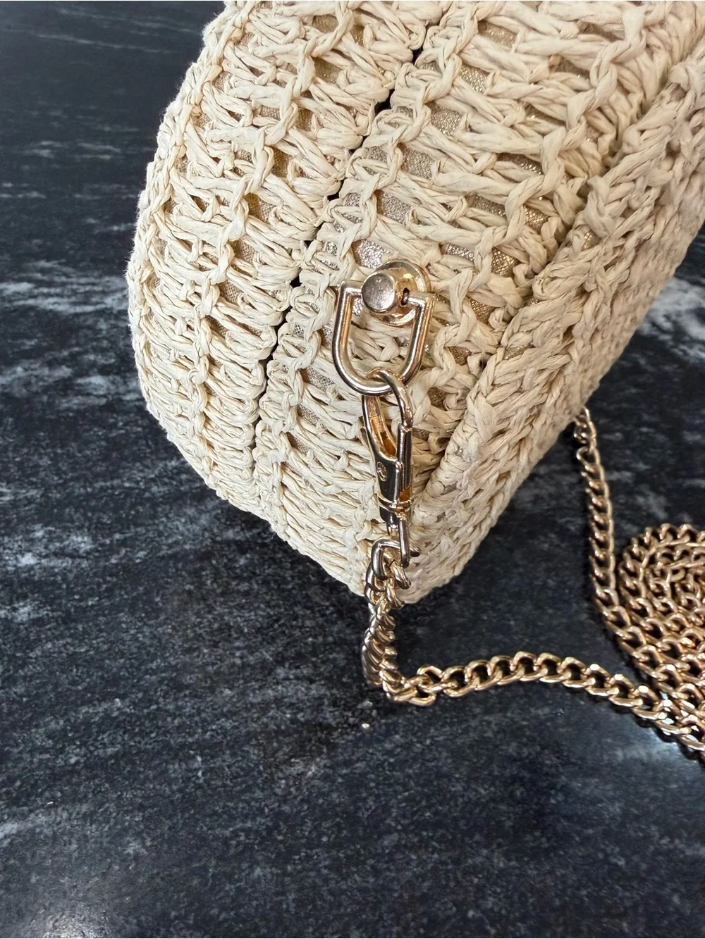 HAUTE HIPPIE Woven Round Crossbody Bag in Natural with Gold Chain & Gold Shimmer - Picture 4 of 14